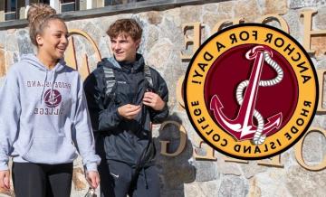 Anchor for a Day promotional graphic - two students walking on RIC campus